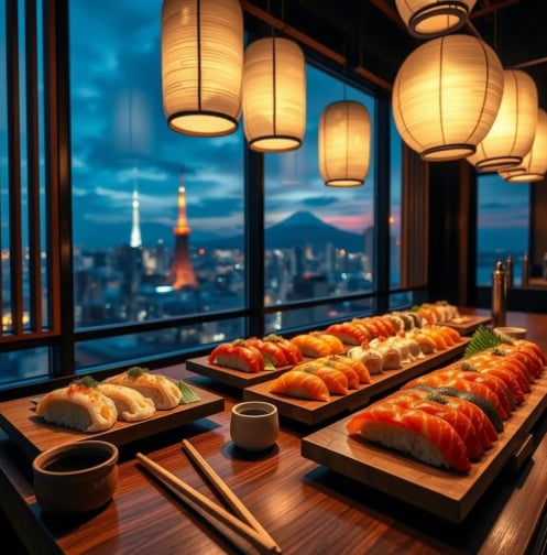 提灯の灯る窓辺に並ぶ寿司と東京の夜景
